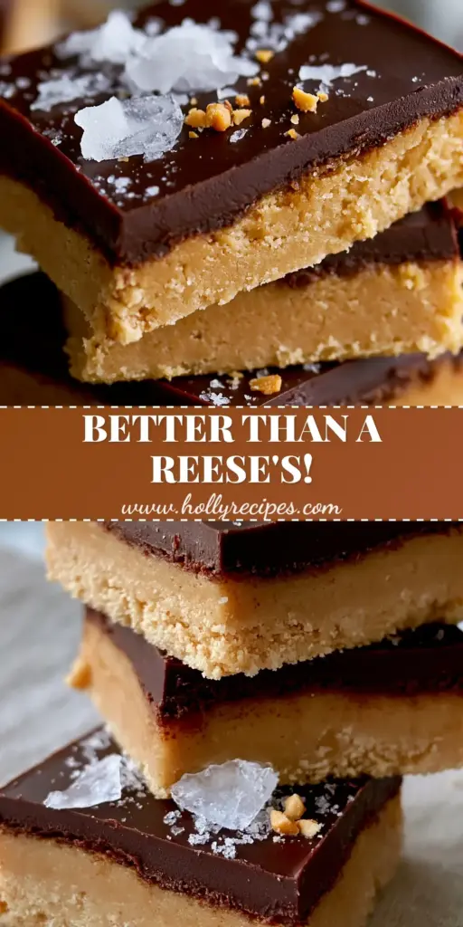 A towering stack of no-bake chocolate peanut butter dessert bars featuring a thick glossy ganache and sea salt. (no-bake chocolate peanut butter dessert)