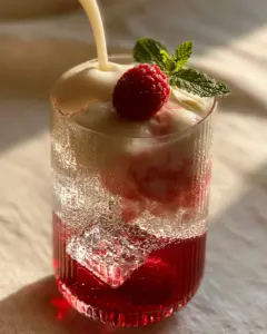 Close-up of the velvety cream cascade in a Homemade Fruit Irish Cream Soda with glistening condensation on a ribbed glass.