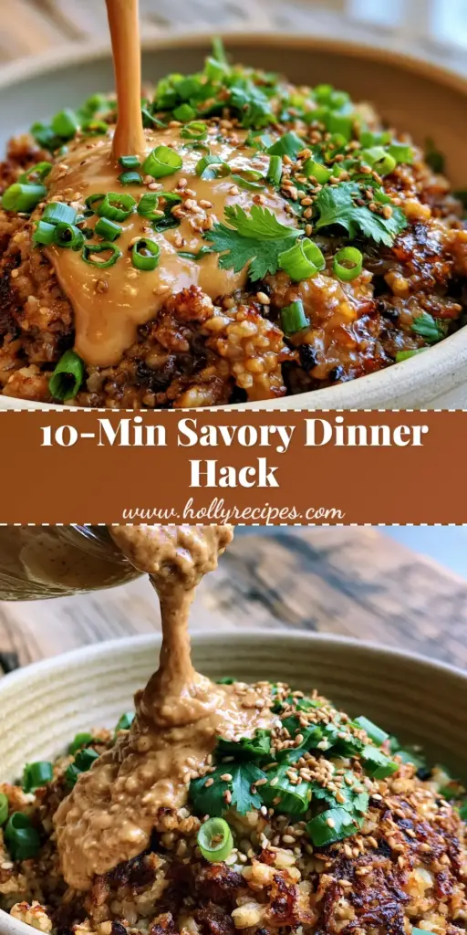 A handheld smartphone photo showing a thick stream of creamy peanut sauce pouring onto deeply caramelized crispy rice with fresh scallions. (savory secrets)