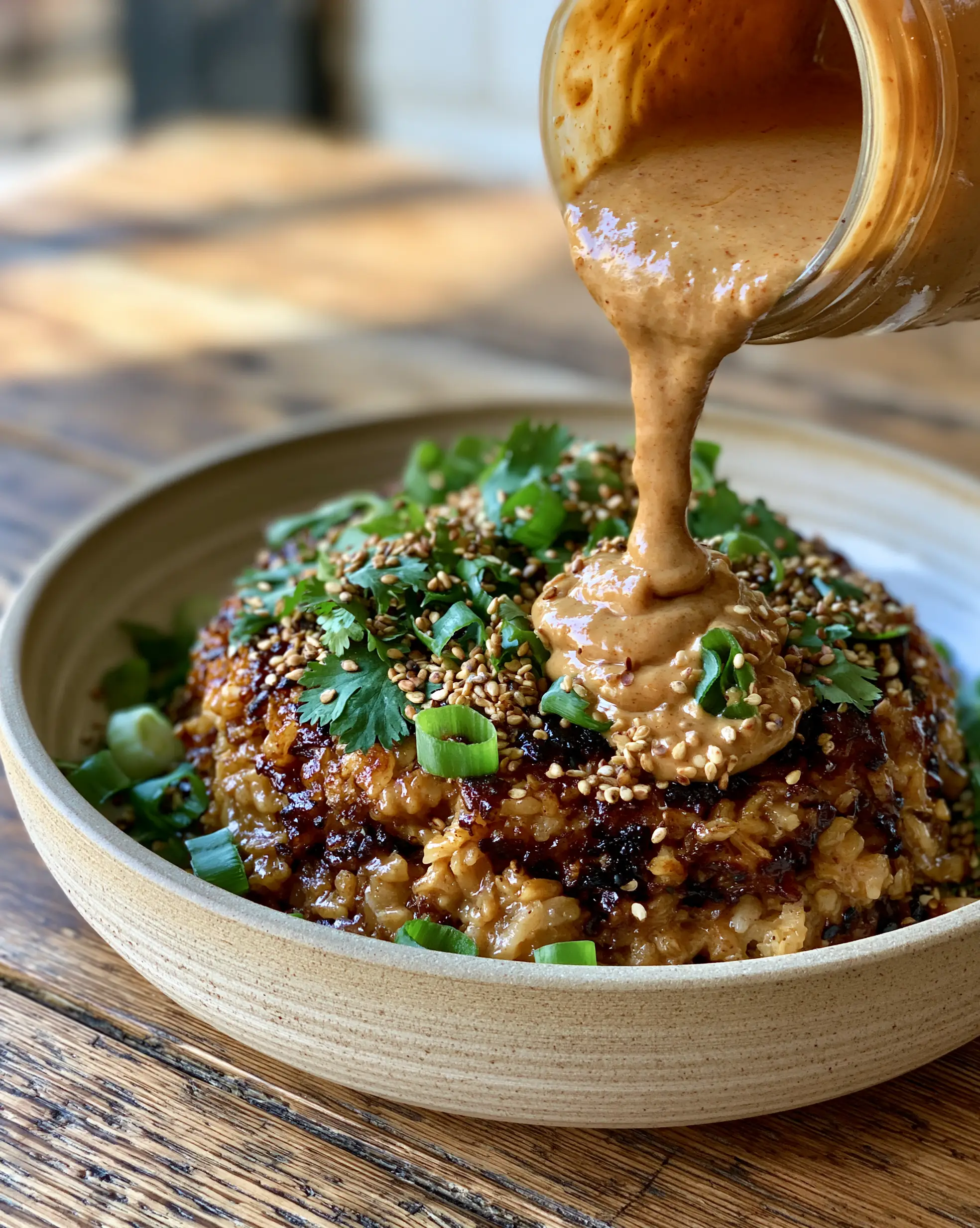 A vibrant savory dinner bowl with golden-brown toasted rice, green scallions, and cilantro in a textured beige bowl. (savory secrets)