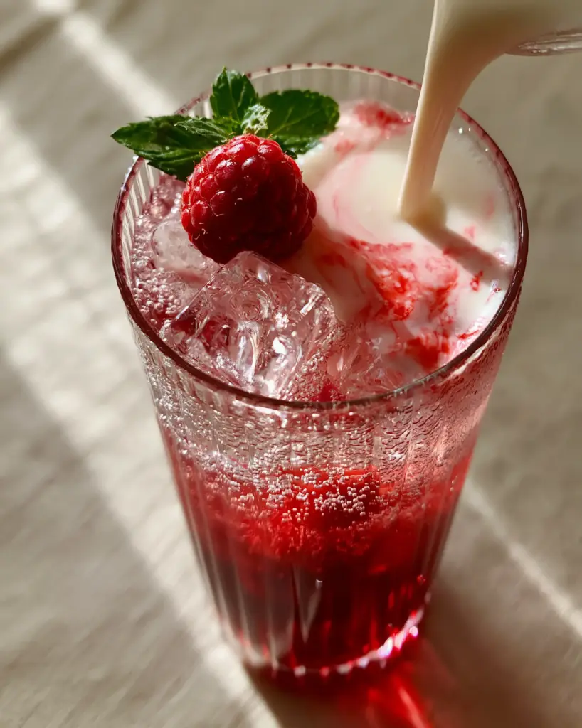 Handheld photo of a Homemade Fruit Irish Cream Soda with fresh raspberry and mint garnish on crystal-clear ice.
