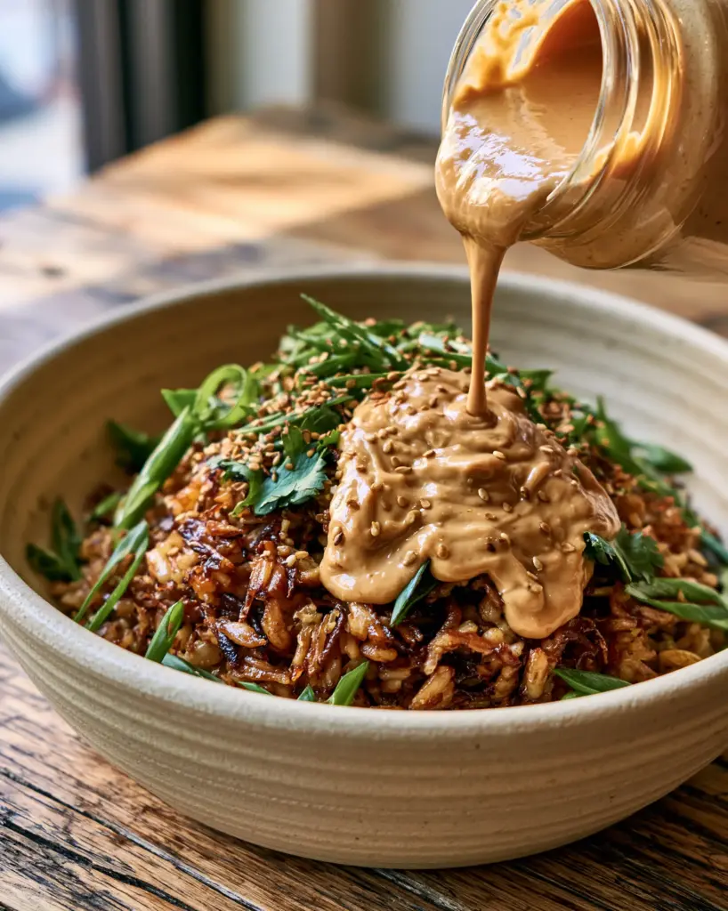 Close up of deeply caramelized rice clusters topped with fresh cilantro and toasted sesame seeds.