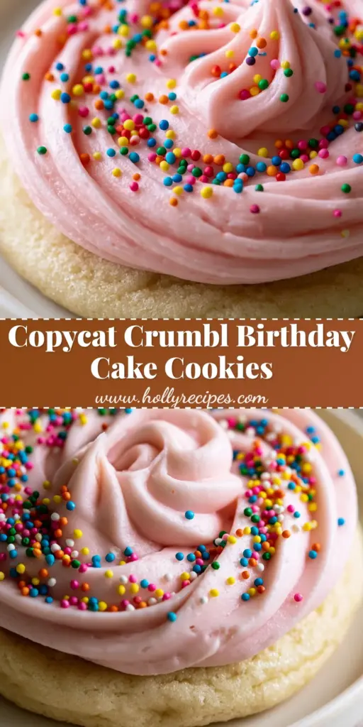 A giant Crumbl-style sugar cookie with thick pastel pink cream cheese frosting and rainbow nonpareil sprinkles. (birthday cake cookies)