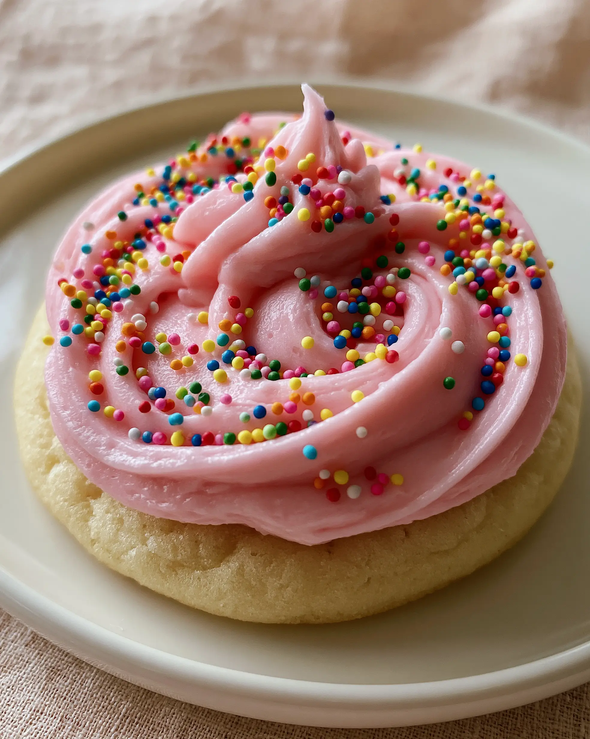 Extreme close-up of soft-baked golden birthday cake cookies showing thick frosting swoops.