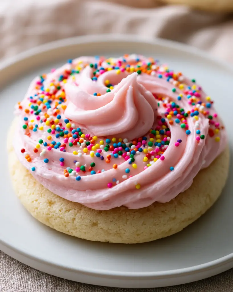 A plated birthday cake cookie with vibrant rainbow nonpareil sprinkles on a minimalist dish.