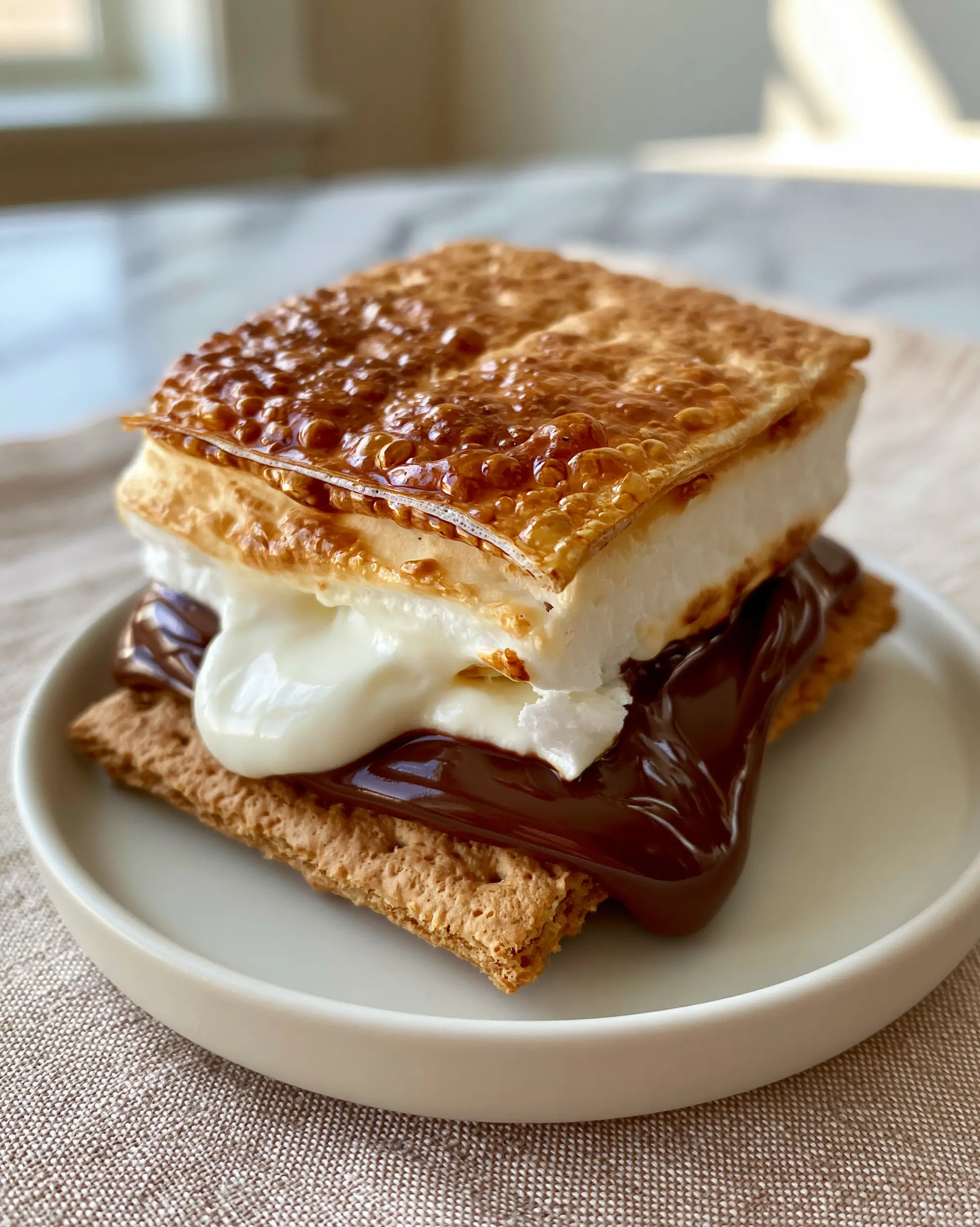 Macro shot of a single s'more with honey-gold graham cracker and glossy milk chocolate. (s'mores hacks)