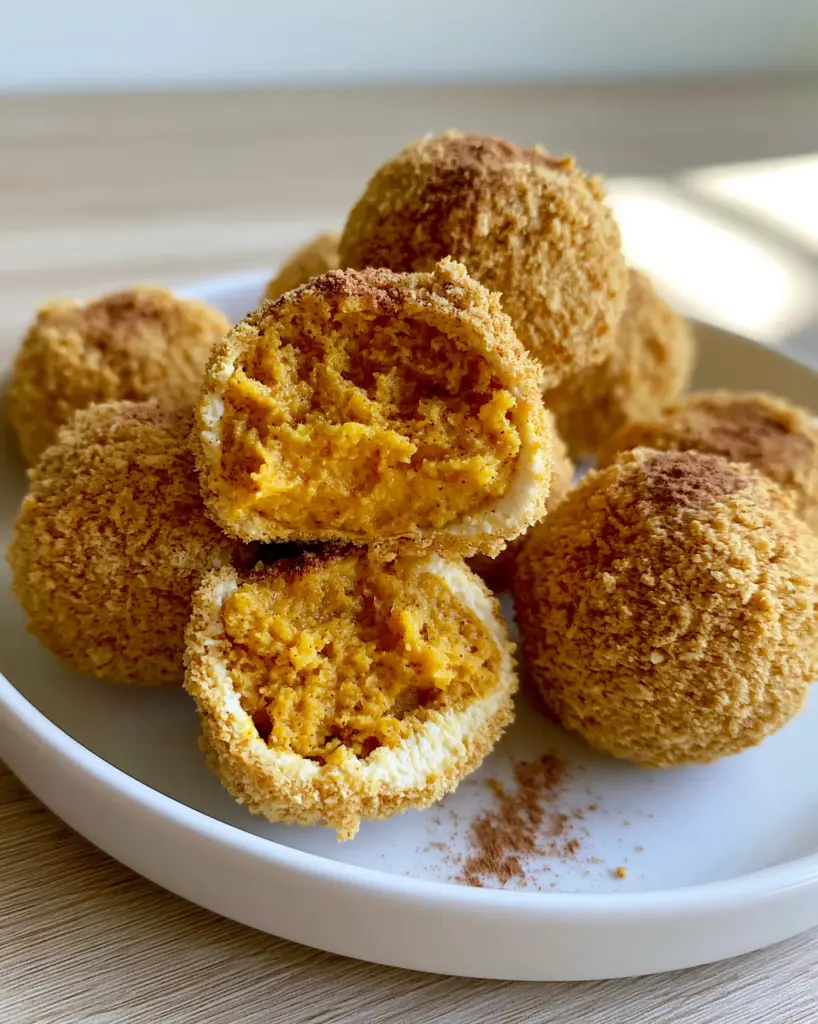 Overhead view of several round Pumpkin cheesecake balls on a white ceramic plate over a light wood surface.