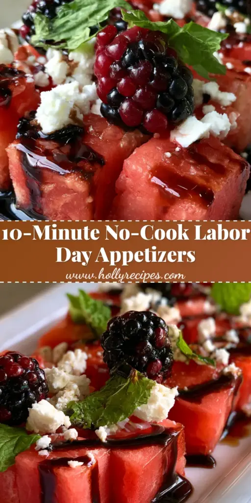 Labor Day party food: The Ultimate Watermelon and Feta Summer Platter 4 A stunning marble platter featuring the ultimate Labor Day party food: watermelon, feta, and blackberries with a balsamic drizzle.