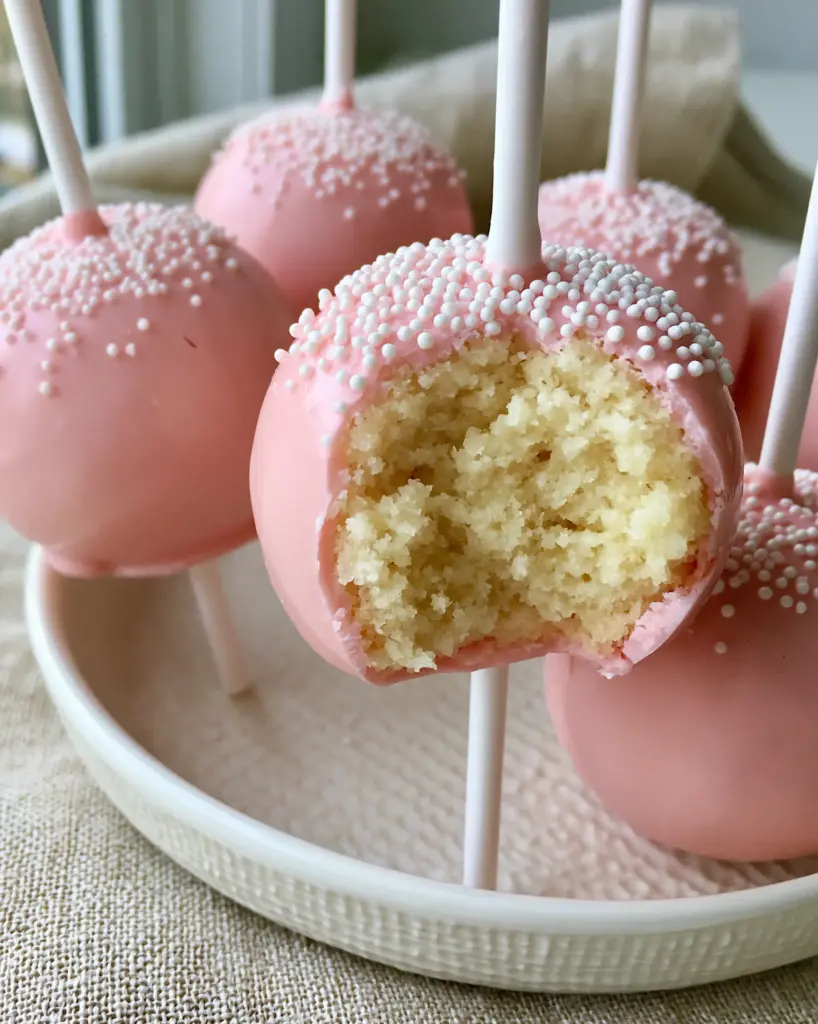 Several glossy pink cake pops on white sticks resting on a ceramic plate. (cake pop recipes)