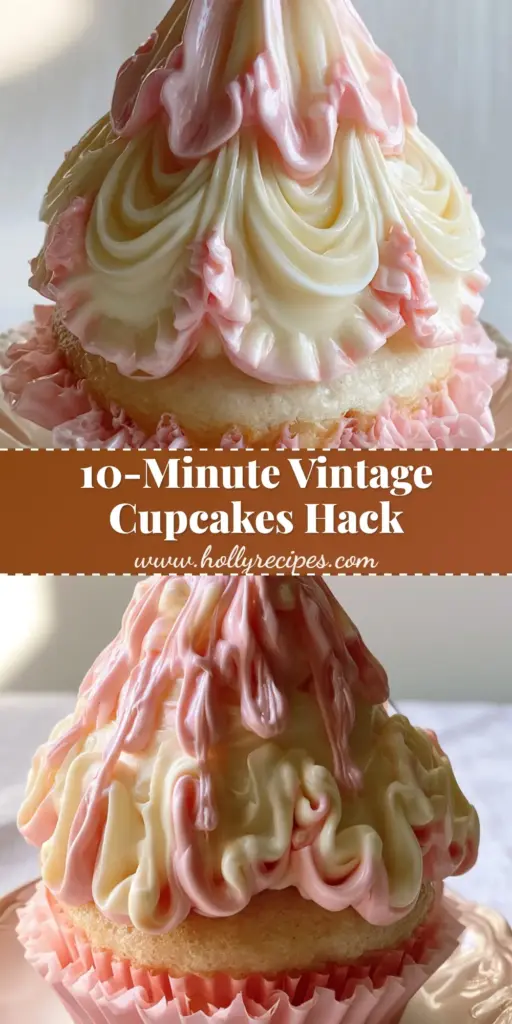 A close-up shot of vintage-style cupcakes with pale pink and cream ruffled buttercream frosting and a maraschino cherry on top.