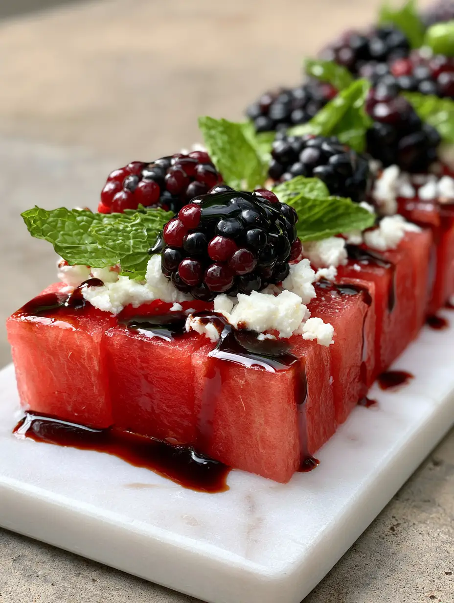 Labor Day party food: The Ultimate Watermelon and Feta Summer Platter 3 Close-up of Labor Day party food showing juicy watermelon cubes, creamy feta, and glossy balsamic glaze in natural daylight.
