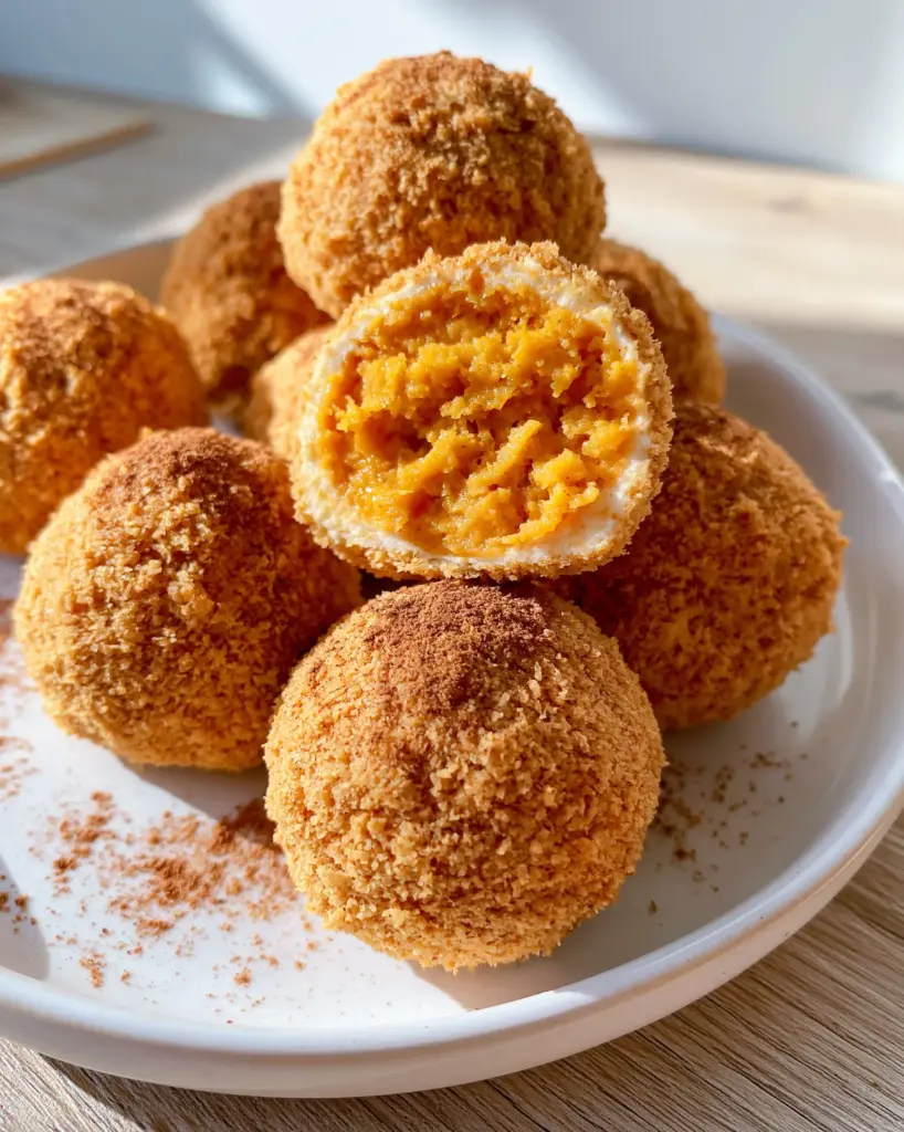 Close up shot of a sliced Pumpkin cheesecake balls truffle showing the dense and smooth orange filling.