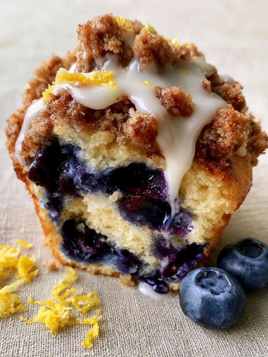 A torn Lemon Blueberry Muffin exposing the steaming, fluffy yellow crumb and jammy indigo blueberry pockets.