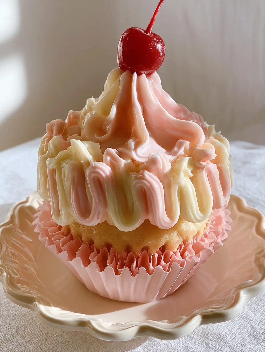 Smartphone photo of a vanilla cupcake in a pink ruffled liner with glossy pink and cream frosting swags. (cupcakes)