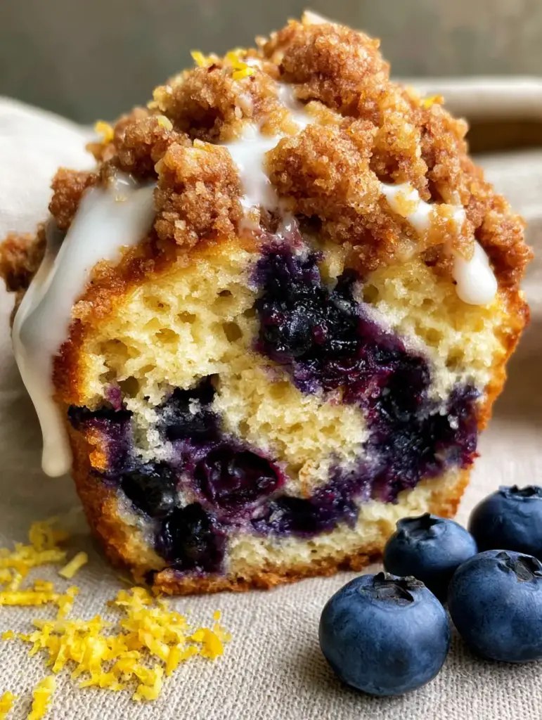A close-up of the thick opaque lemon glaze dripping down the golden-brown streusel of a Lemon Blueberry Muffin.