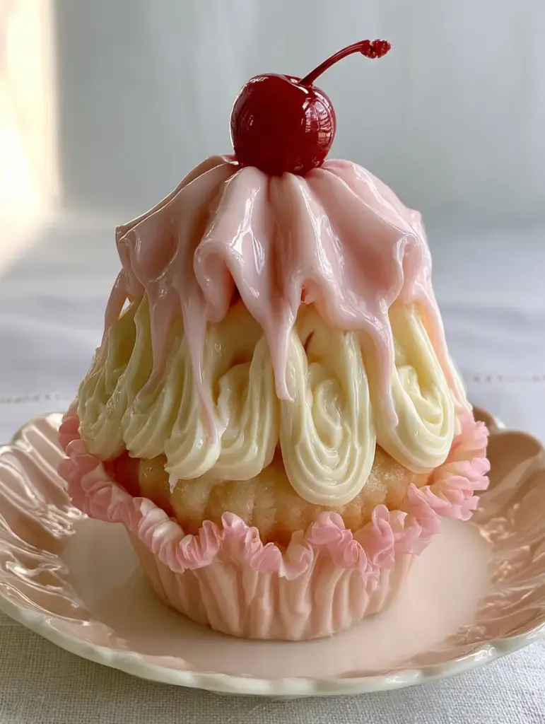 Intricate piping detail on a vintage-style cupcake with pale pink swags and a bright red cherry. (cupcakes)