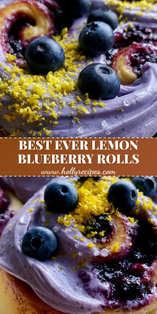 A close-up shot of six oversized blueberry cinnamon rolls in a ceramic dish with lavender frosting and lemon zest.