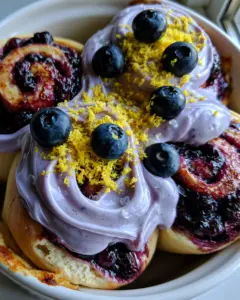 Macro top-down view of blueberry cinnamon rolls with bubbling purple fruit filling and airy brioche dough.