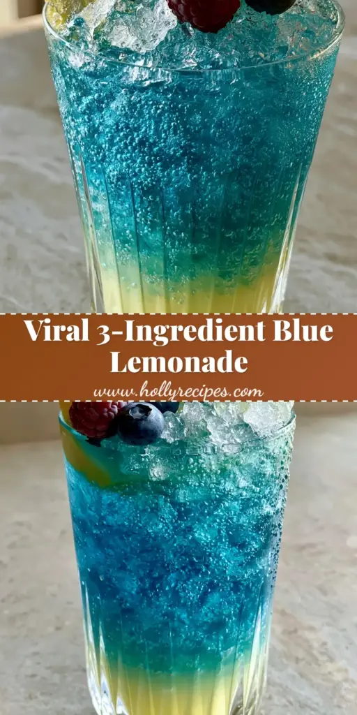 A tall crystal glass of layered blue raspberry lemonade with crushed ice, berries, and mint. (blue raspberry lemonade)