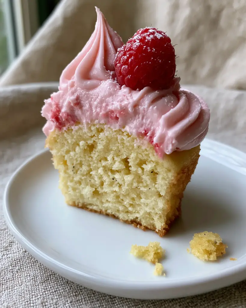 Cupcake Perfection with Vanilla Bean and Glossy Raspberry Buttercream 2 A close-up of a vanilla cupcake sliced in half showing the moist golden crumb and vanilla bean specks. (cupcake)