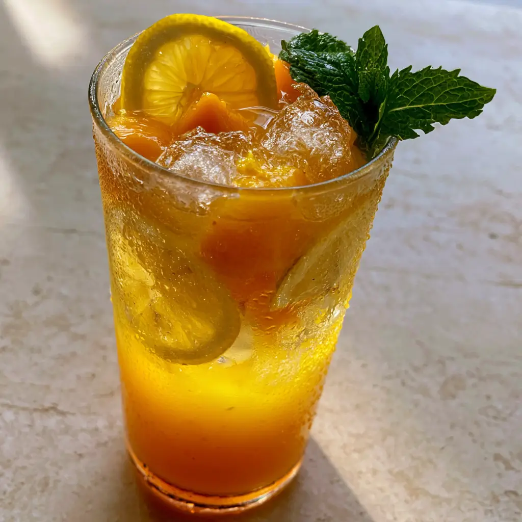 Mango Lemonade Recipe: The Ultimate Silky and Layered Summer Refreshment 2 Close-up of a clear glass with mango lemonade recipe showing silky puree and glistening ice cubes. (mango lemonade recipe)