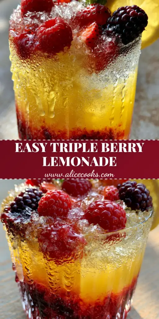 Triple Berry Lemonade Recipe: The Ultimate Sparkling Summer Refreshment 3 A vertical close-up of a layered Triple berry lemonade in a ribbed glass with crushed ice, fresh berries, and mint garnish.