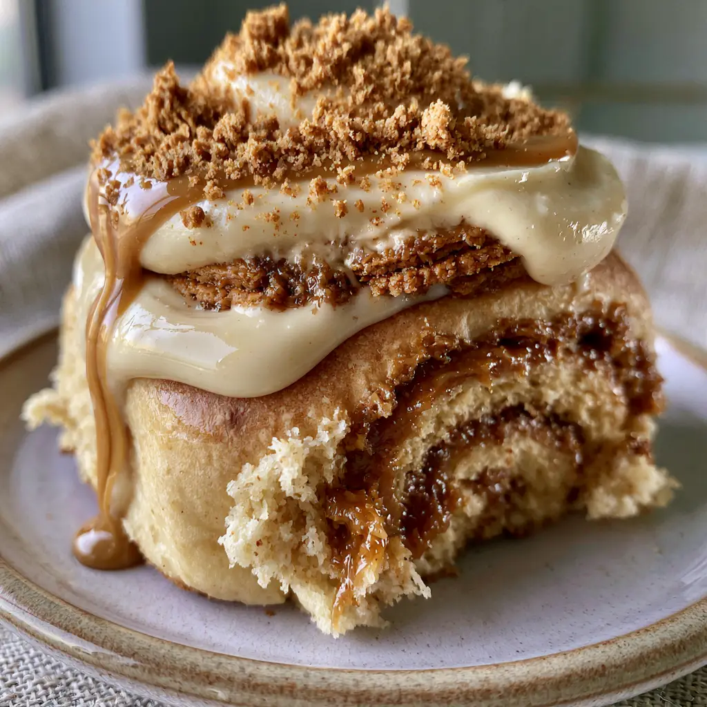 Smartphone photo of a single Biscoff cinnamon roll showing distinct pull-apart layers and amber caramelized swirl. (Biscoff Cinnamon Rolls)