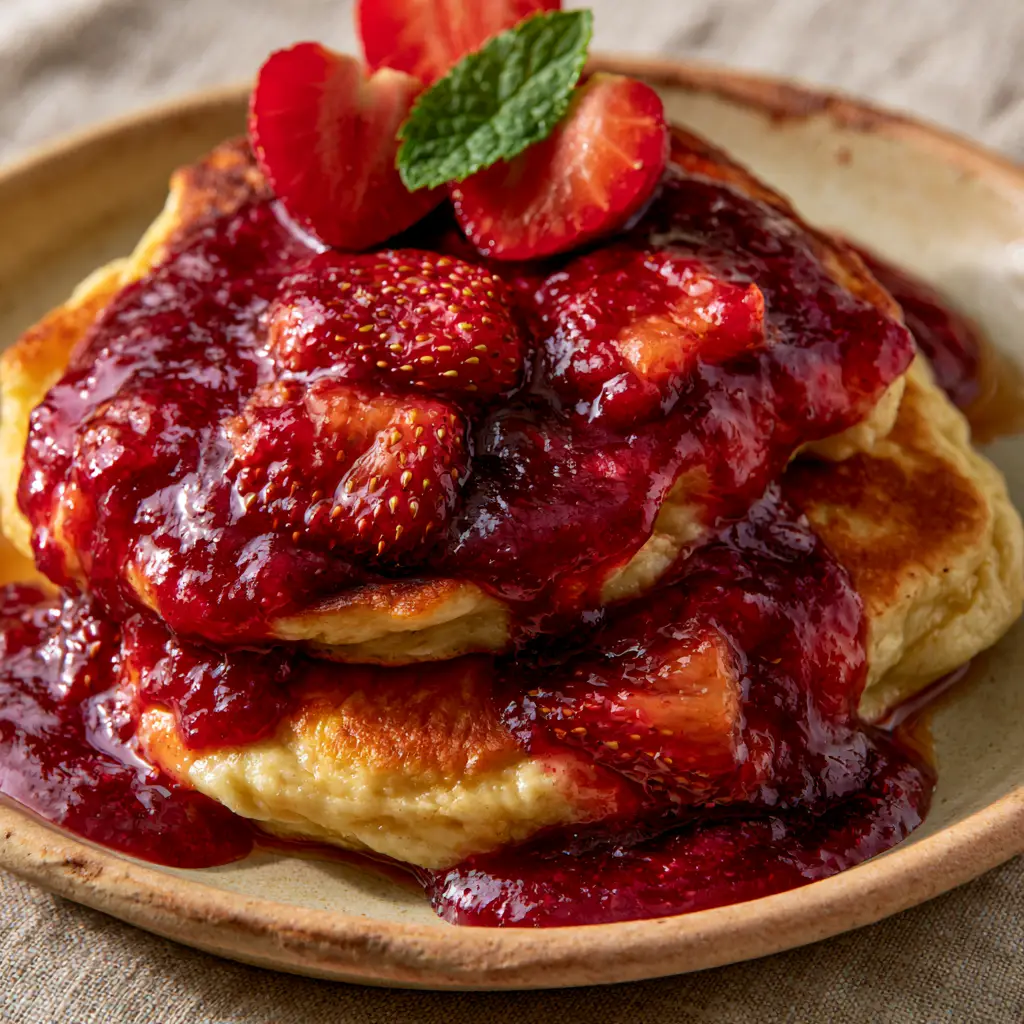 A beautiful shot of homemade strawberry sauce slowly dripping down a stack of golden brown pancakes on a ceramic plate.