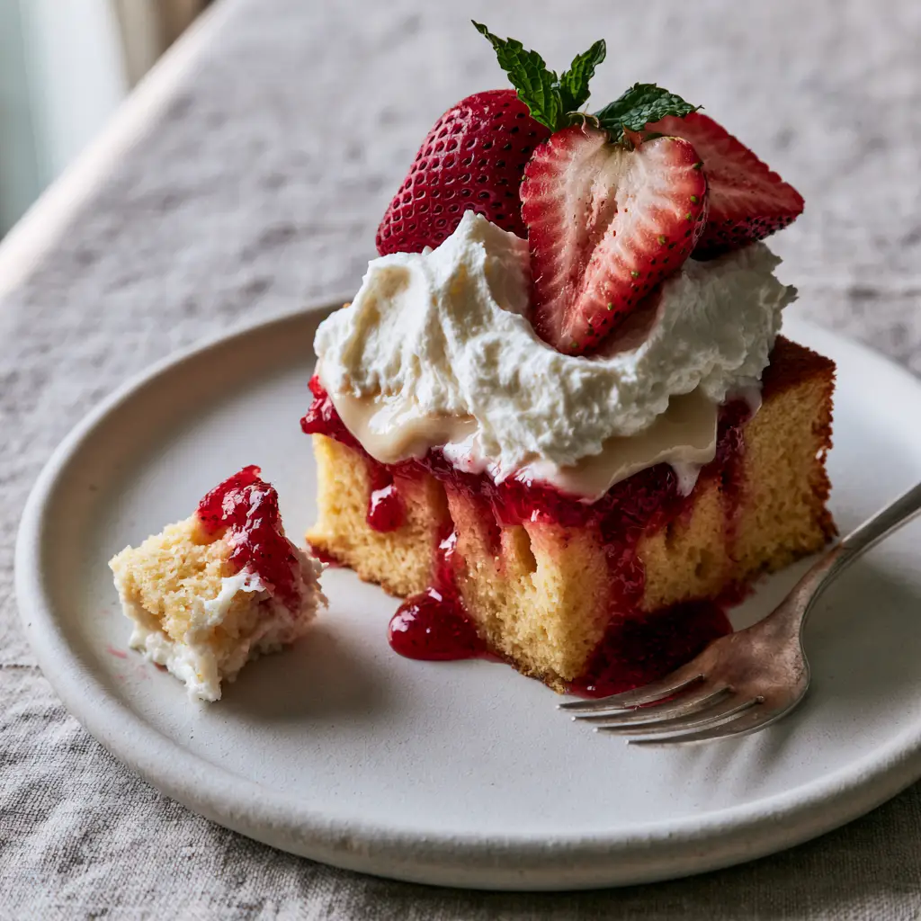 Close-up 45-degree angle of a Strawberry Shortcake Poke Cake slice on a white plate. (Strawberry Shortcake Poke Cake)