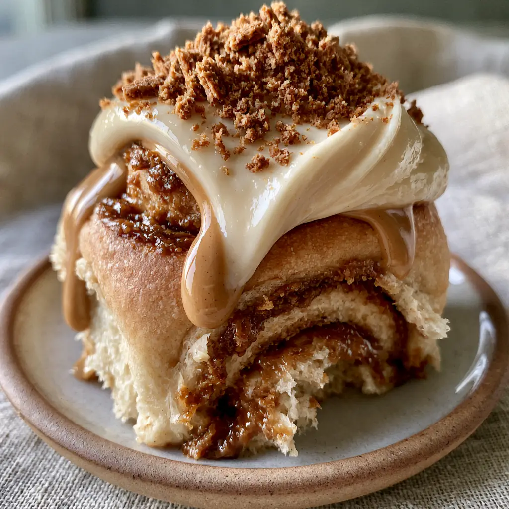 Side view of a Biscoff cinnamon roll on a ceramic plate with thick glossy ivory cream cheese frosting.
