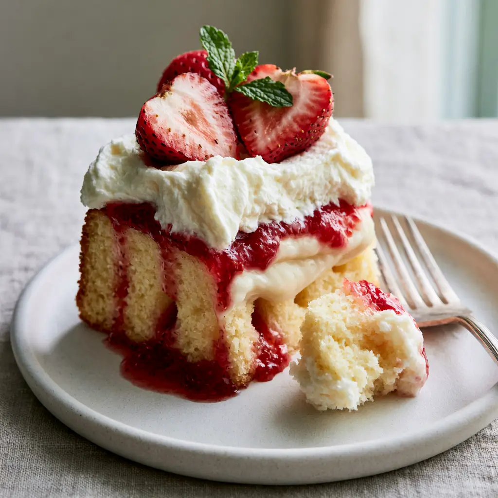 Strawberry Shortcake Poke Cake with Ruby Red Glaze and Velvet Cream 1 Macro shot of Strawberry Shortcake Poke Cake layers: sponge, ruby syrup, condensed milk, and whipped cream.