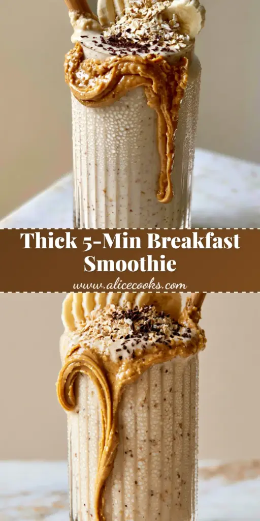 Banana Oatmeal Peanut Butter Smoothie: The Ultimate Thick and Creamy Breakfast 4 A tall ribbed glass of thick banana oatmeal peanut butter smoothie with a decadent peanut butter drip and chocolate shavings on a marble surface.