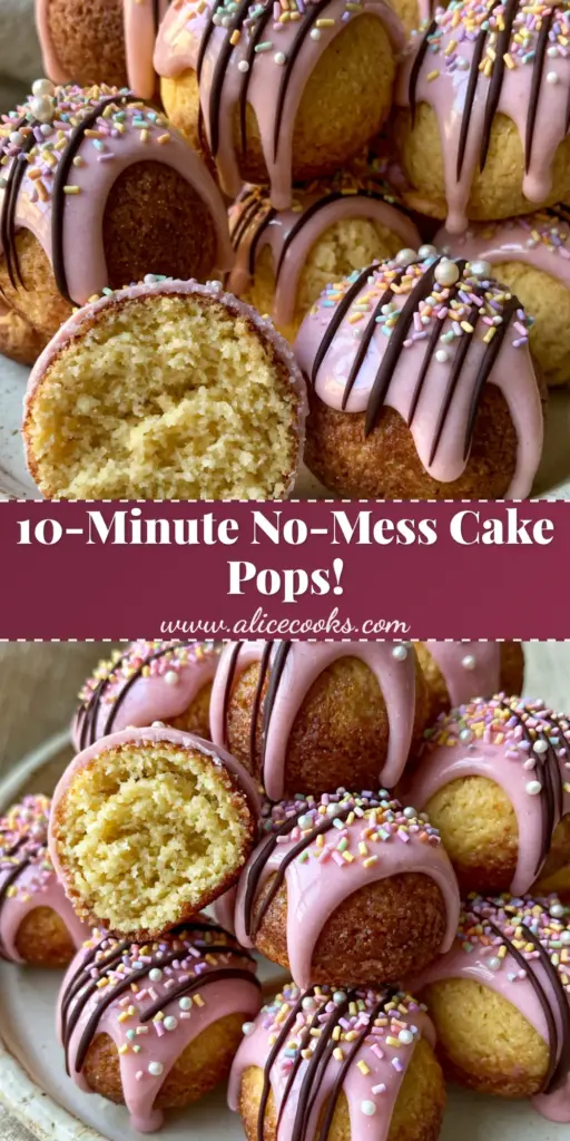 A heap of golden-brown spherical cake pops with pink glaze and dark chocolate drizzle on a rustic plate. (cake pop maker recipes)