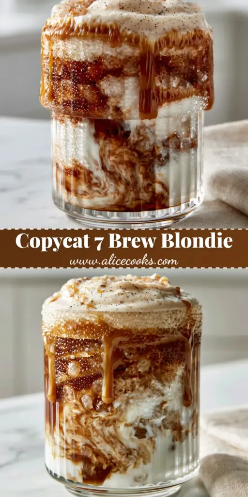 A professional 7 Brew drink in a ribbed glass with caramel drizzle, pebble ice, and vanilla bean cold foam on a marble counter.