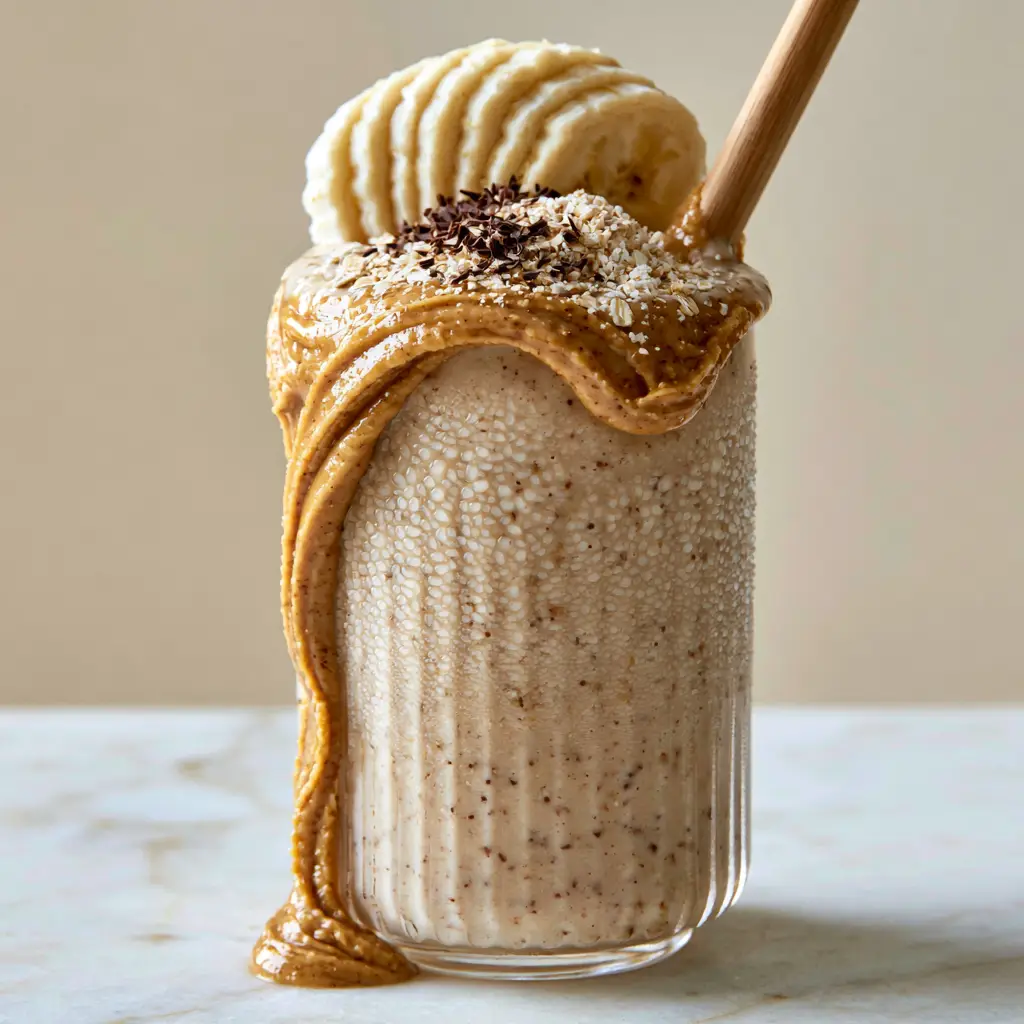 Banana Oatmeal Peanut Butter Smoothie: The Ultimate Thick and Creamy Breakfast 2 Close-up of a thick banana oatmeal peanut butter smoothie showing the creamy texture clinging to a wooden straw.