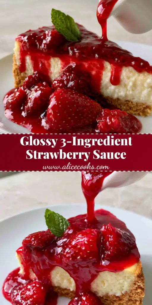 A thick, ultra-glossy ruby-red strawberry sauce pouring from a white pitcher onto a slice of vanilla cheesecake with a golden crust and mint garnish. (Strawberry sauce)