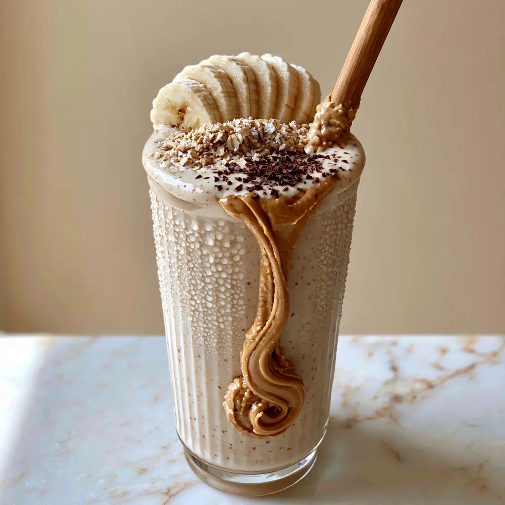 Banana Oatmeal Peanut Butter Smoothie: The Ultimate Thick and Creamy Breakfast 1 Top view of a banana oatmeal peanut butter smoothie garnished with banana slices, oats, and chocolate shavings.
