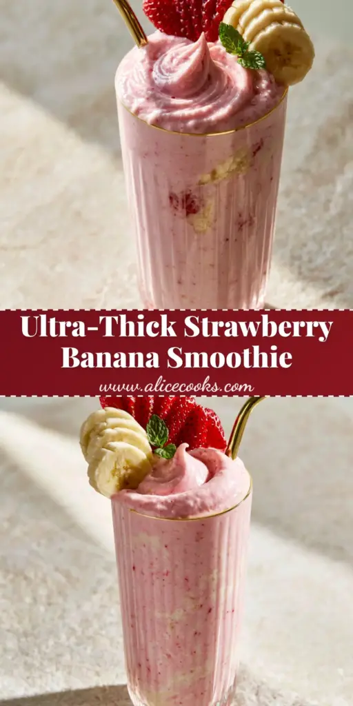 A thick pastel pink strawberry banana smoothie in an elegant ribbed glass with a gold straw and fresh fruit garnish.
