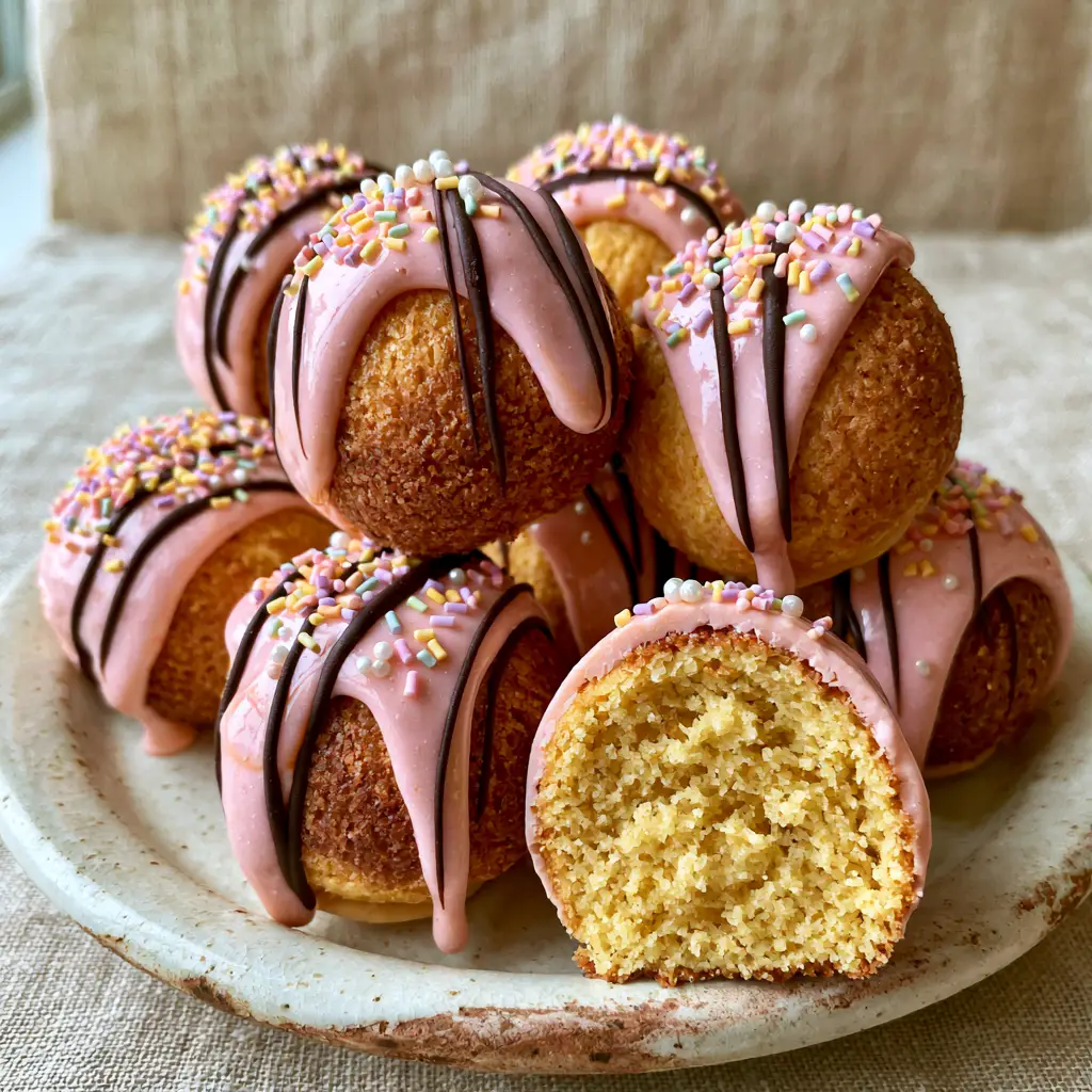 A halved cake pop showing a moist and fluffy yellow cake interior. (cake pop maker recipes)