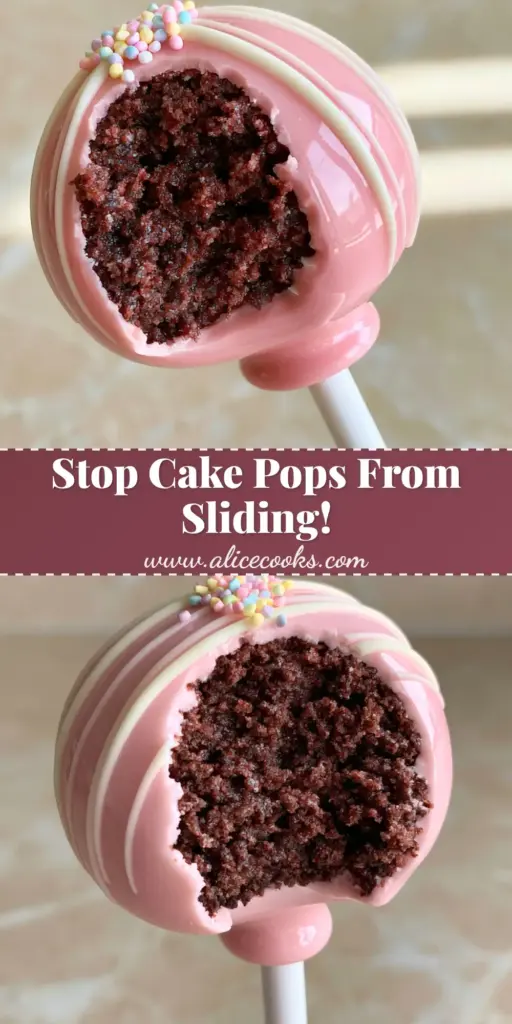 A handheld close-up of a Perfect Cake Pop with a bite taken out, showing the fudgy chocolate center and glossy pink coating.