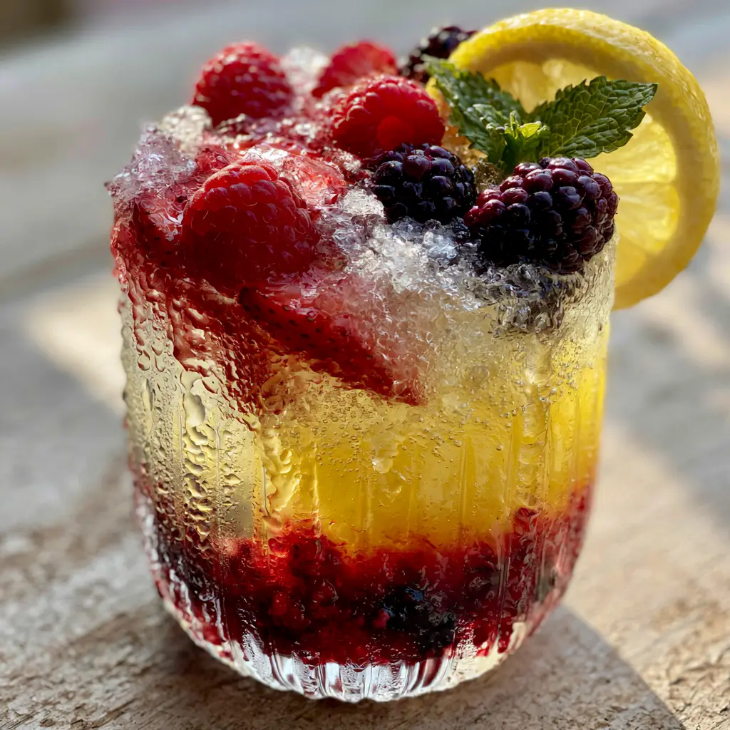 Triple Berry Lemonade Recipe: The Ultimate Sparkling Summer Refreshment 2 A split-screen view of Triple berry lemonade showing the dark ruby-red puree and bright yellow lemon juice layers.