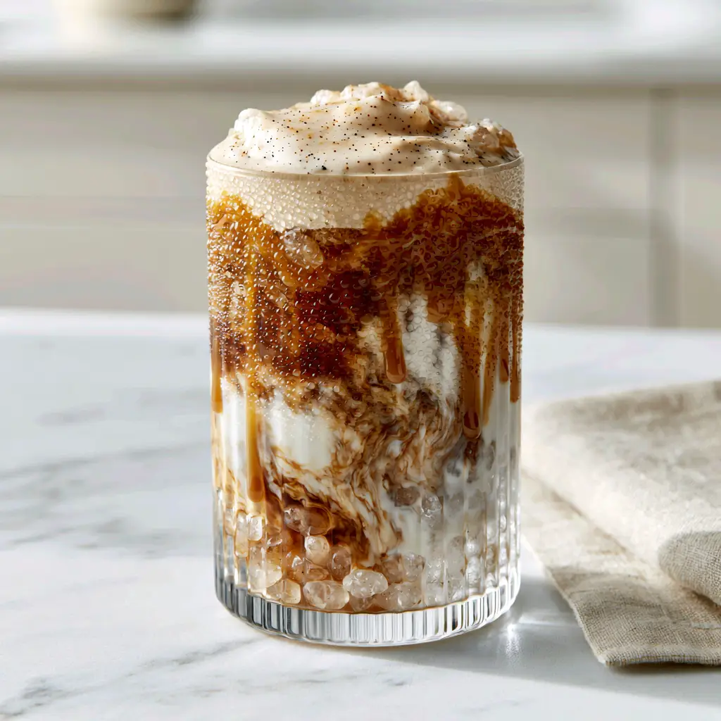 A 7 Brew drink topped with soft vanilla bean cold foam and condensation droplets on the ribbed glass.
