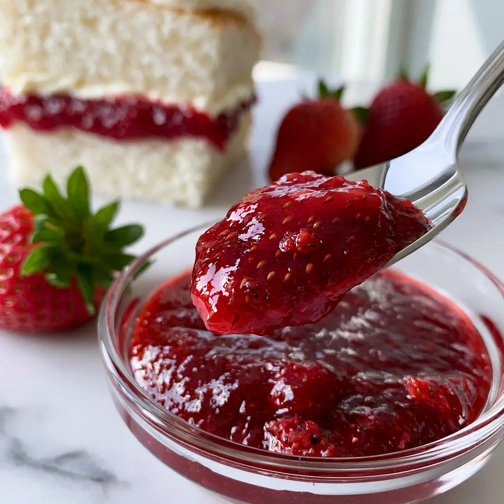 A slice of vanilla sponge cake with a thick layer of Strawberry puree filling on a white marble countertop.