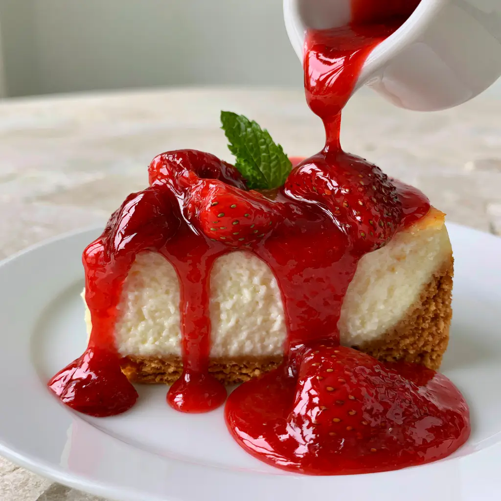 Strawberry sauce being poured from a ceramic pitcher, showing a thick and slow-drip consistency. (Strawberry sauce)