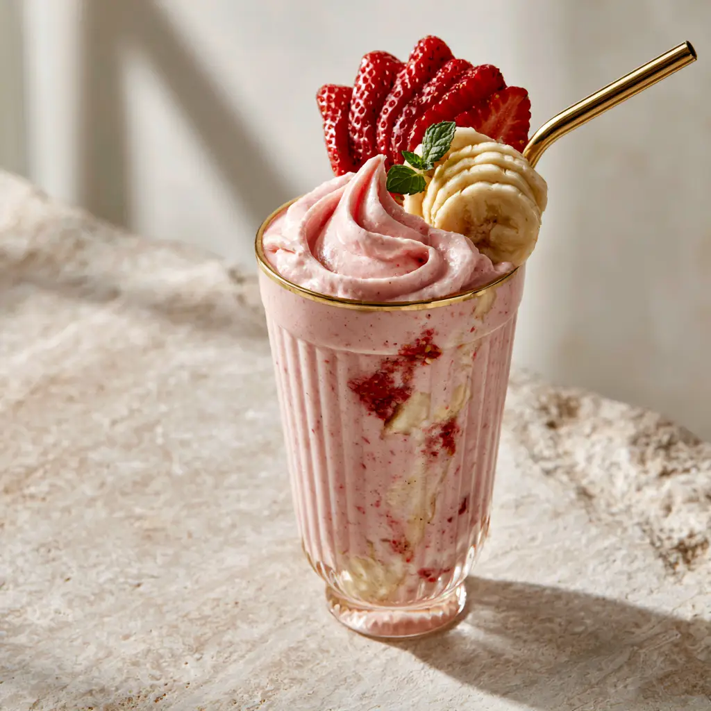 Close up of strawberry banana smoothie garnish with strawberry fan, banana rounds, and mint.
