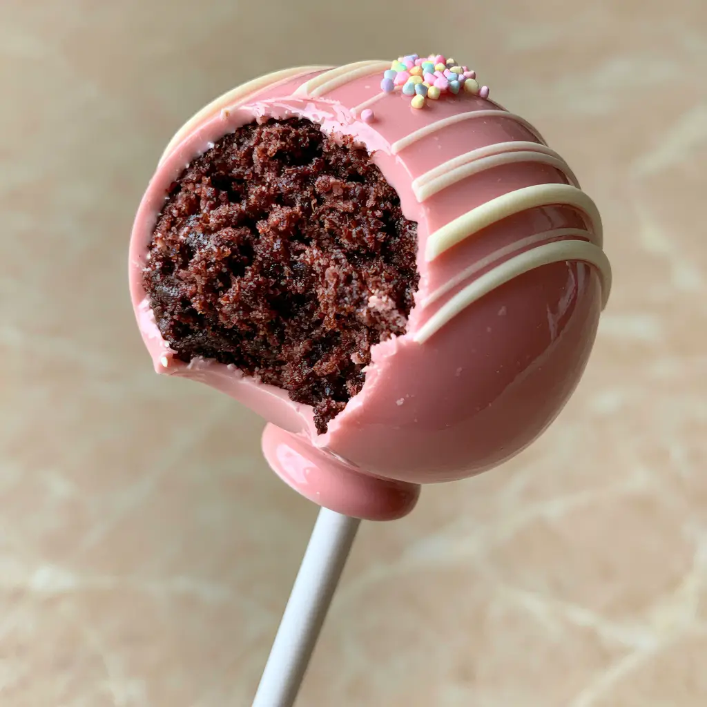 Detailed view of the bite taken out of a Perfect Cake Pop revealing a dense fudgy chocolate crumb.