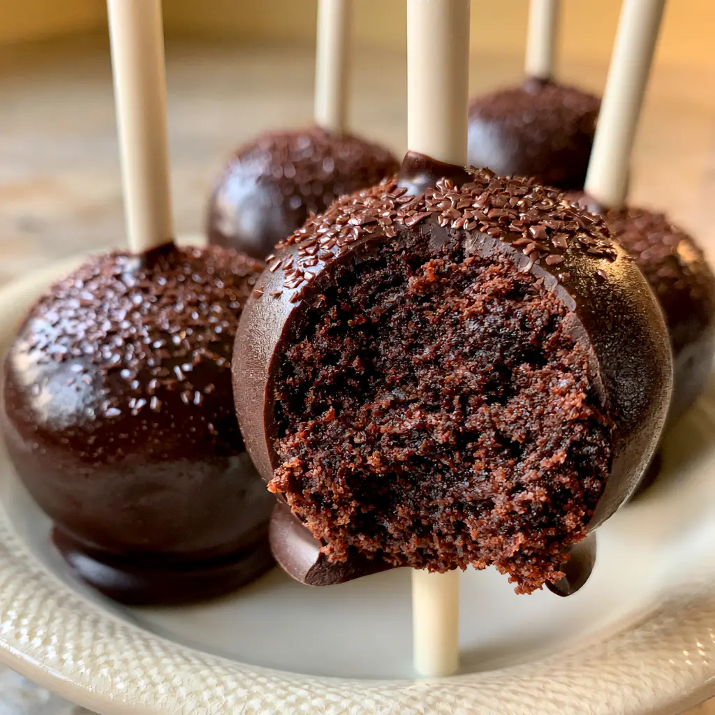 Three chocolate cake pops on matte white sticks resting on a textured dish, featuring a glossy dark chocolate coating and tiny glistening flakes.
