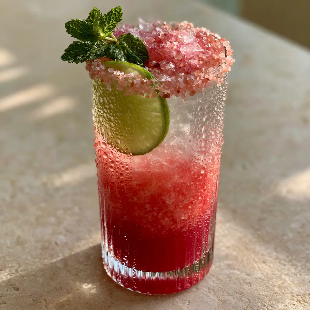 A refreshing summer drink with ruby-red juice and clear coconut water on a neutral stone surface in afternoon light.