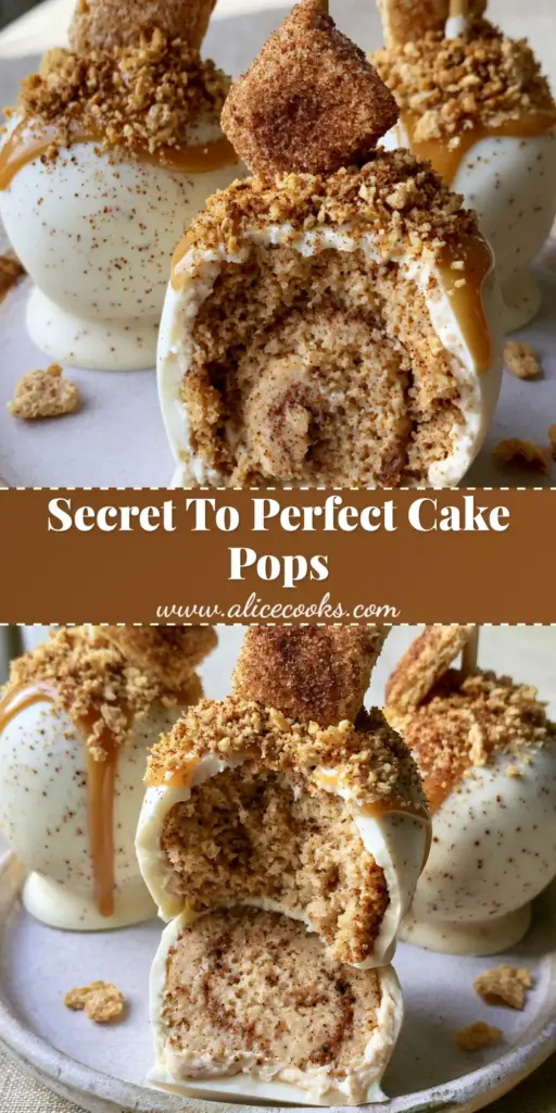 Three gourmet cinnamon toast crunch cake pops standing upright on a rustic plate, one bitten in half to show the cinnamon-swirl cake interior.