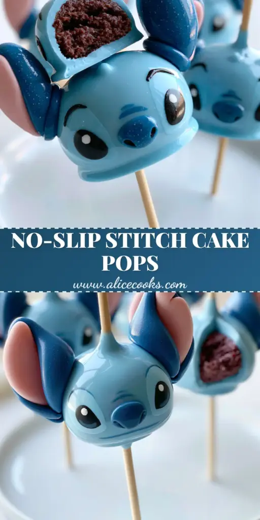 A close-up of finished stitch cake pops with glossy sky-blue shells and pink ears on white sticks.